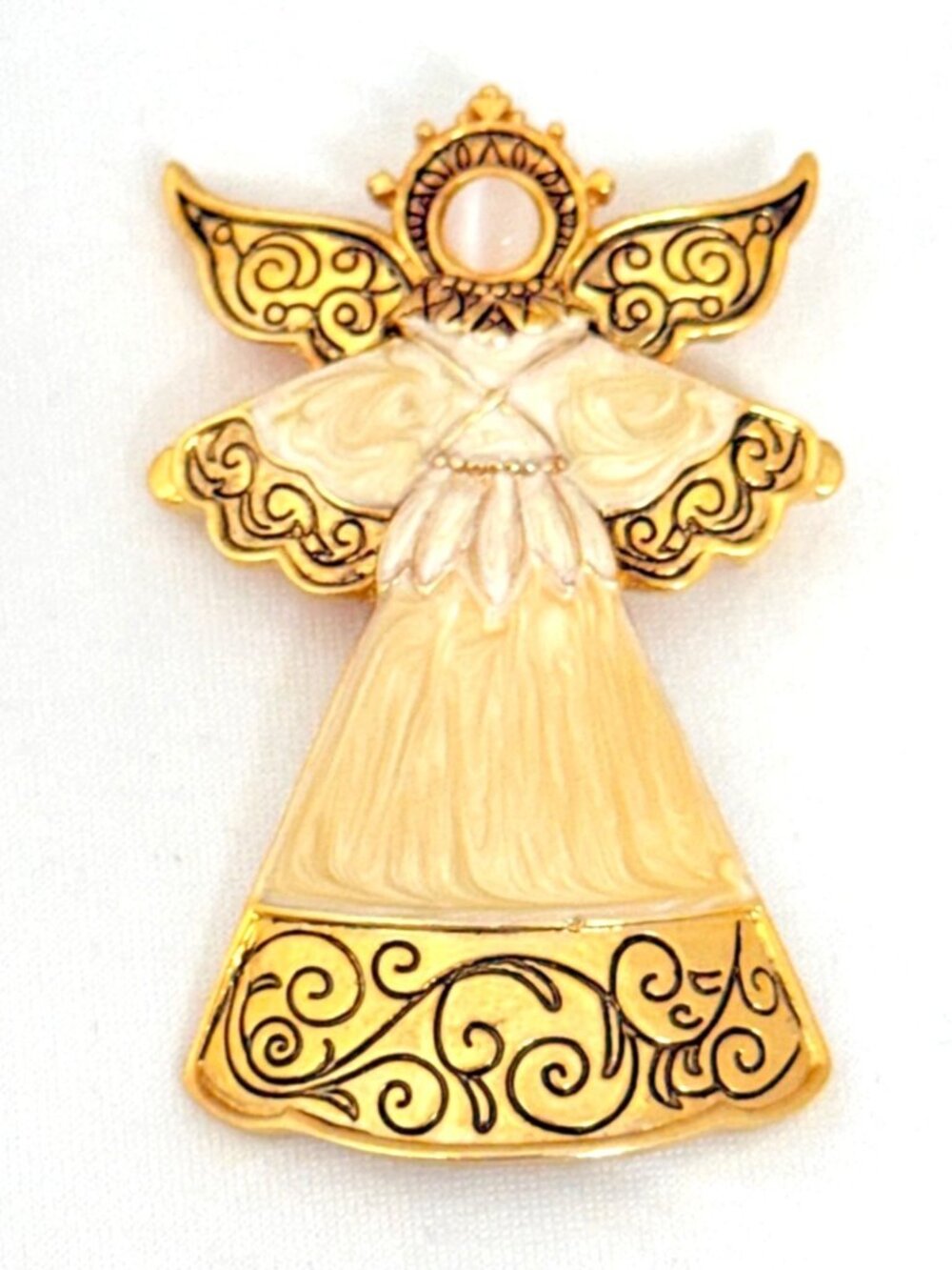Angel Brooch w/Cream Swirl Enamel, Gold Tone Wings Scroll Design, Cat's Eye Face